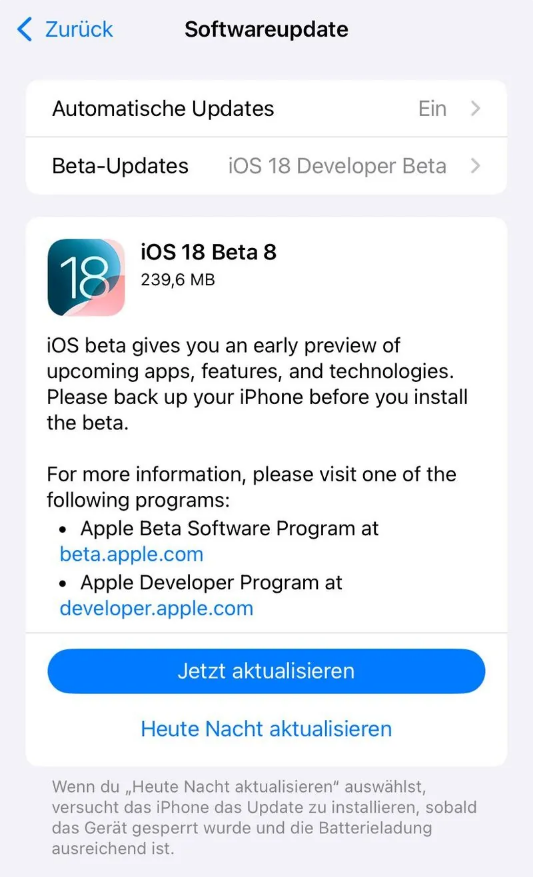 和田县苹果手机维修分享苹果 iOS / iPadOS 18 开发者预览版 Beta 8 发布 